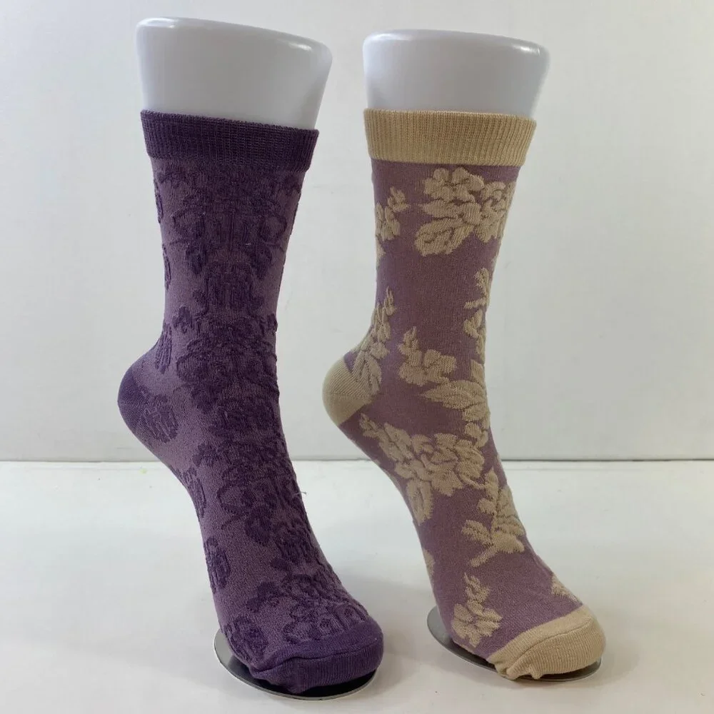 Womens Floral Crew Socks 2 Pack Ribbed Cuff Purple Beige